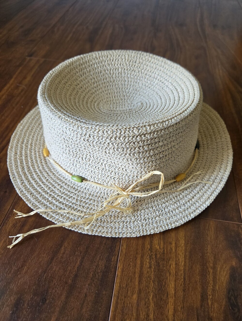NWOT Old Navy Woven Straw Boater Hat with Bead Trim - Natural